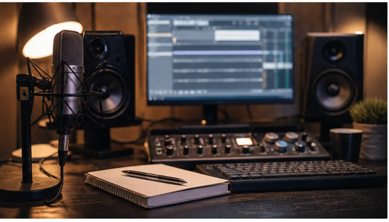 Photorealistic project studio with microphone, monitors, notebook, audio interface, and blurred audio session