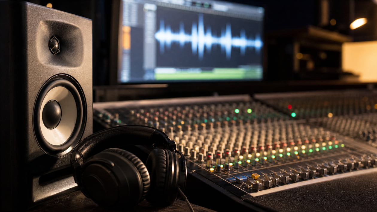 Mesa de estudio de audio fotorrealista con audífonos, monitores, una pantalla de forma de onda y luz cálida sobre controles metálicos