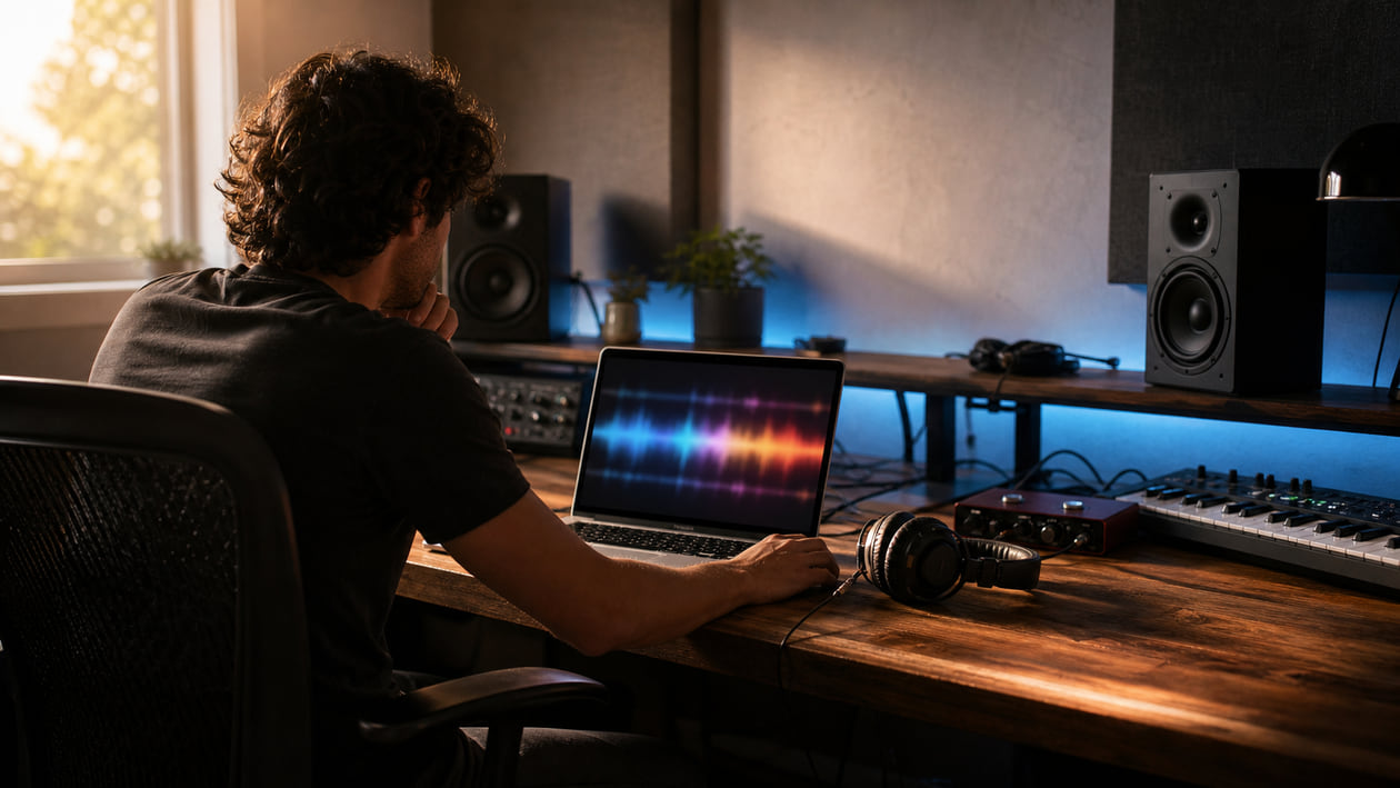 Music producer comparing an AI song at a home studio desk before mastering