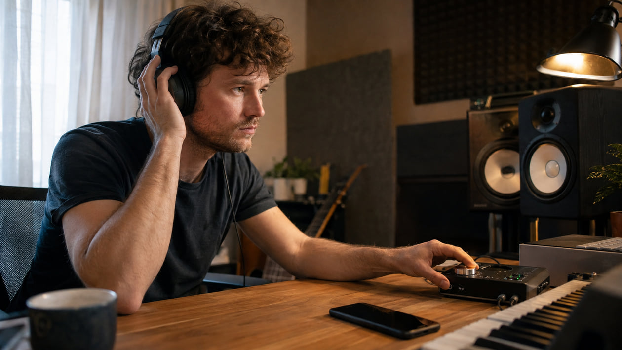 Music creator level-matching an audio comparison with headphones in a home studio