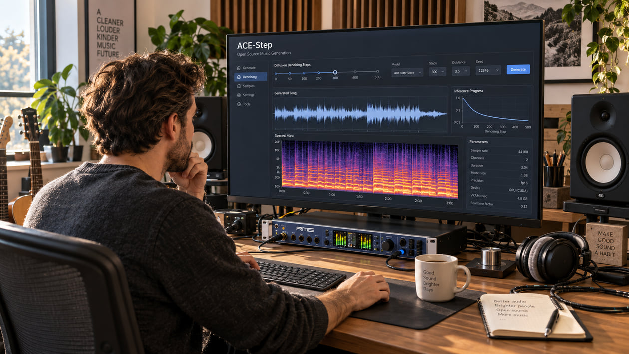 Recording engineer reviewing ACE-Step denoising controls, waveform, and spectrogram in a sunlit studio