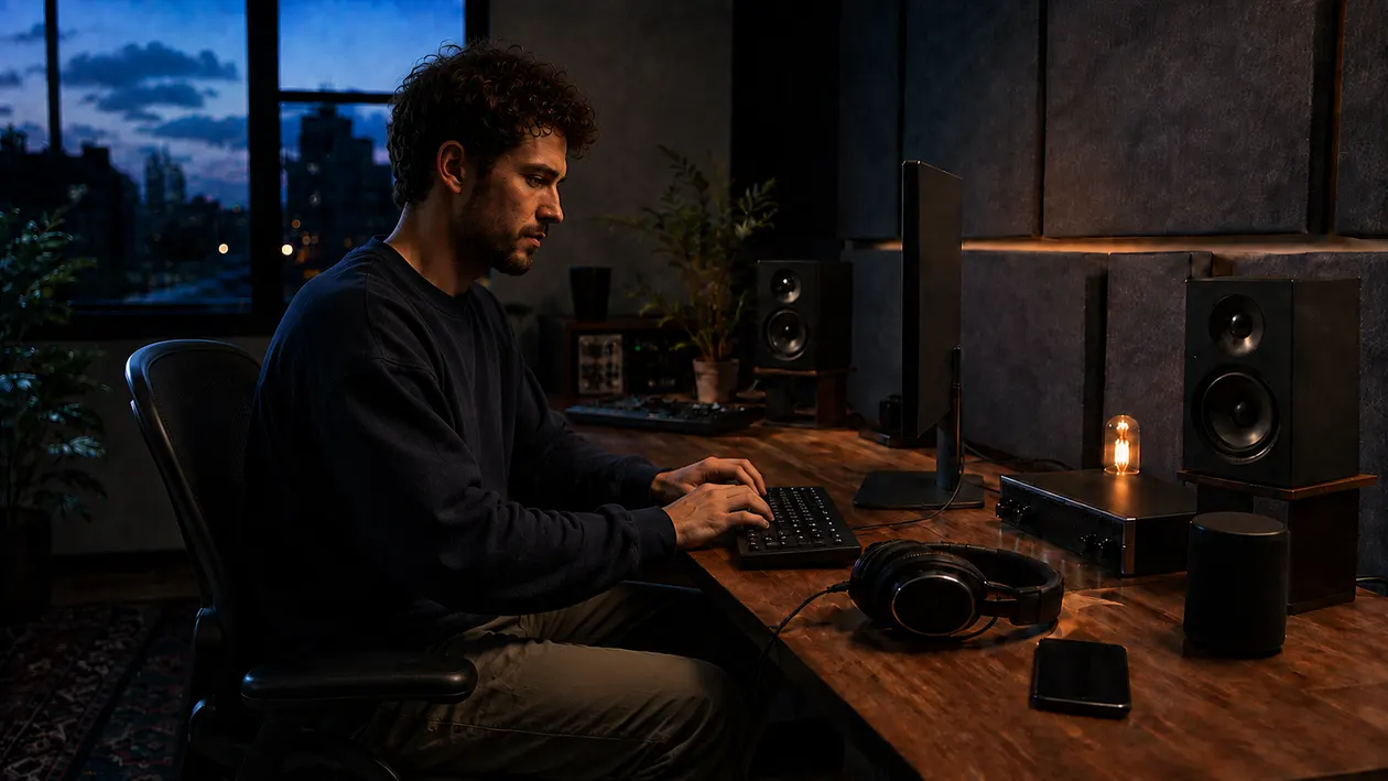 Music creator typing at a studio computer in a three-quarter side view