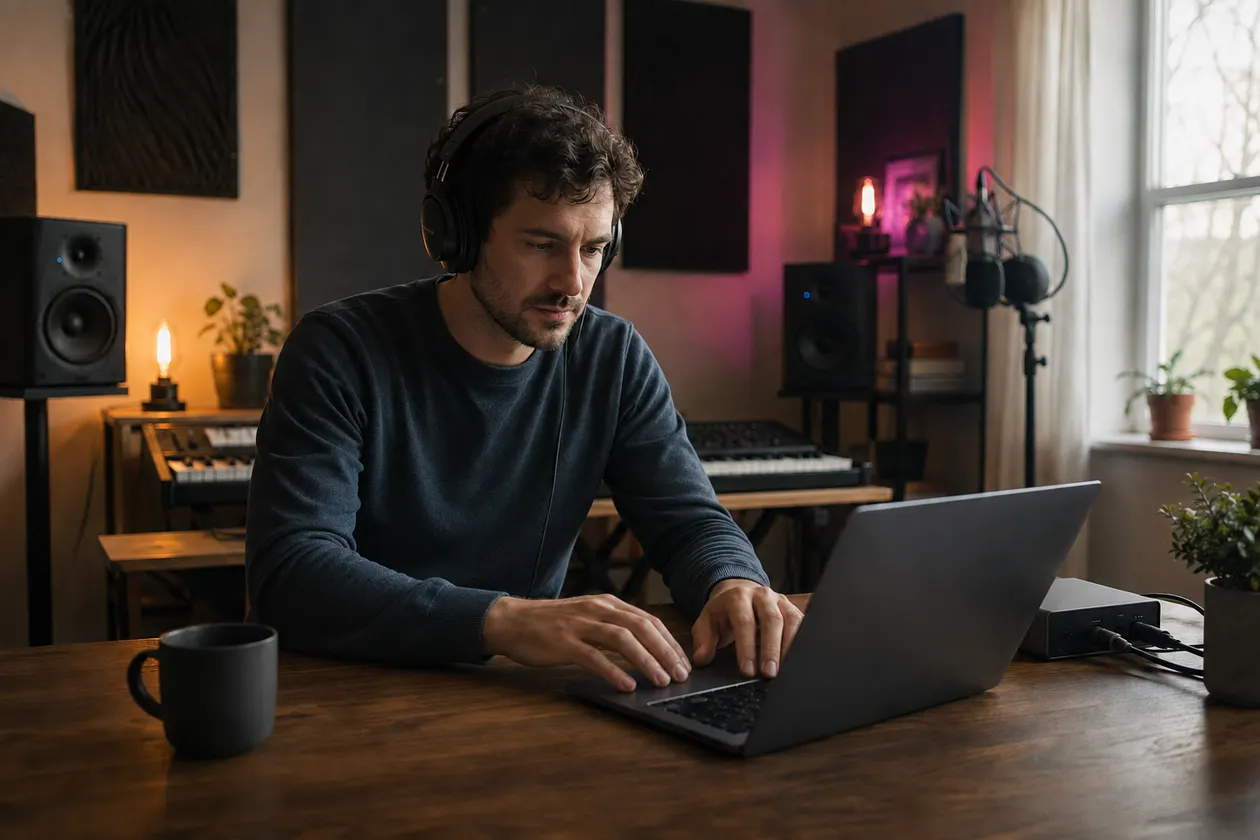 Music creator listening on headphones and taking notes beside a laptop in a home studio
