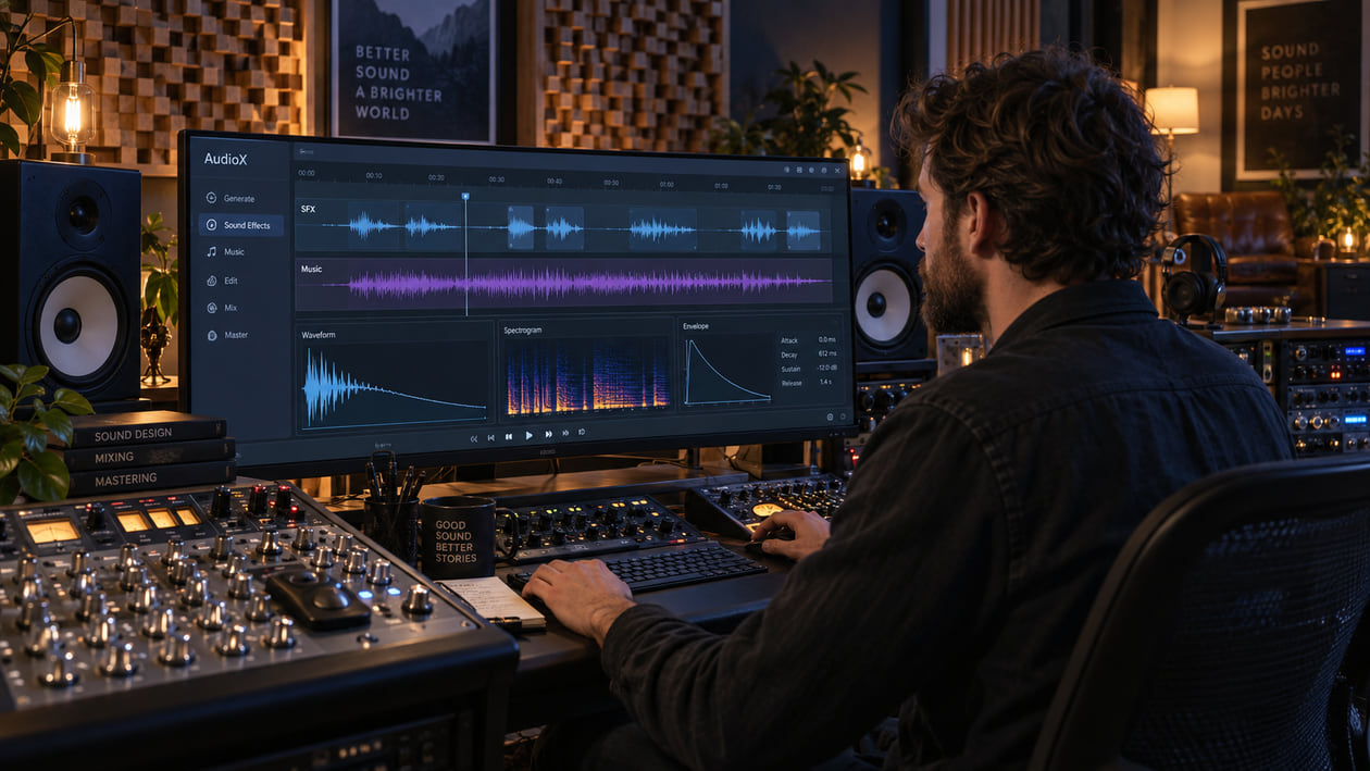 Audio mastering room with acoustic diffuser panels and studio monitor speakers