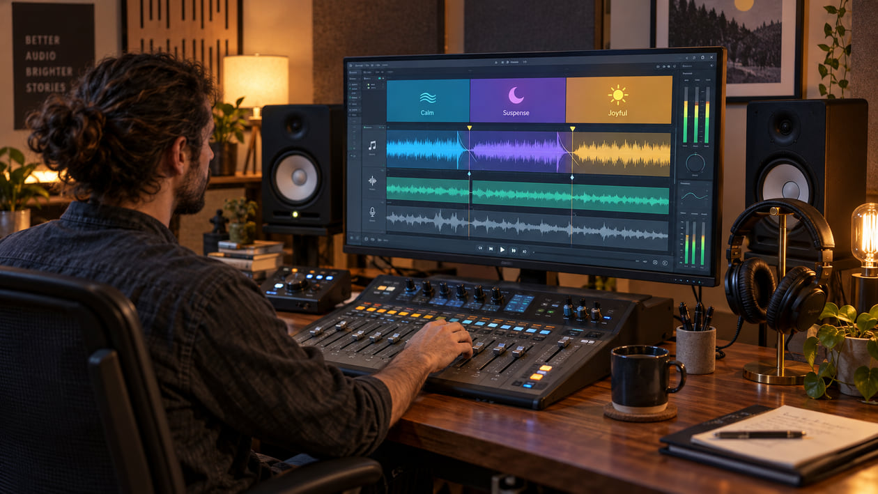 Sound designer in studio suite adjusting audio fader near monitor speakers