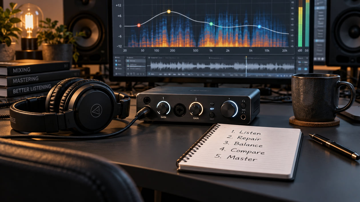 Desktop audio interface, headphones, listening notes, and a monitor with spectral and dynamic EQ views