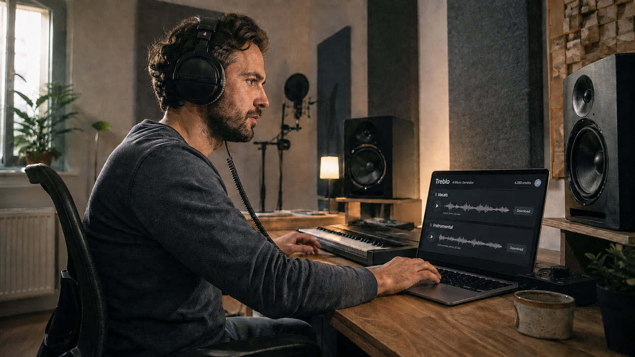 Music creator checking vocal and instrumental exports on headphones and studio monitors in a compact home studio
