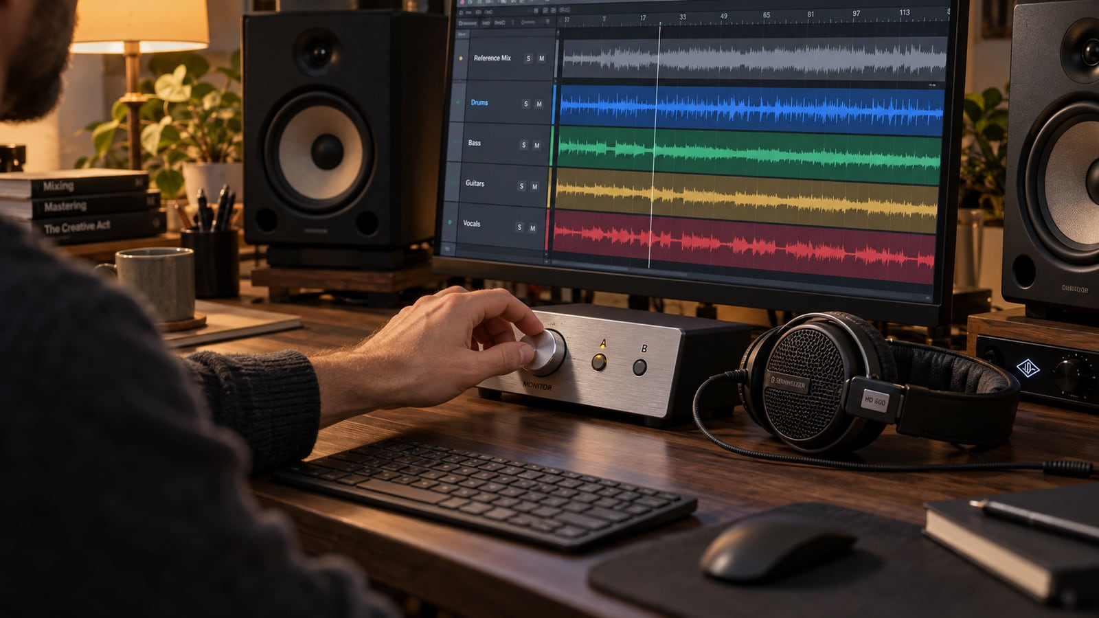 Producer desk with a monitor controller, open-back reference headphones, and a DAW timeline comparing a stereo track against separated stem lanes