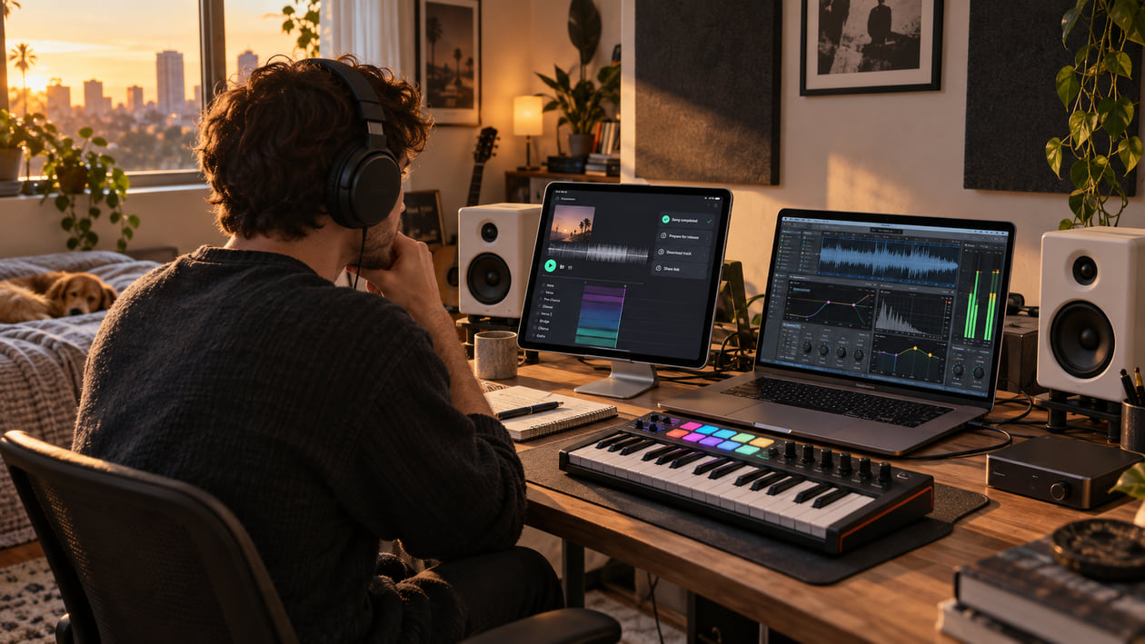 Indie music artist in home studio evaluating audio monitors with closed-back headphones