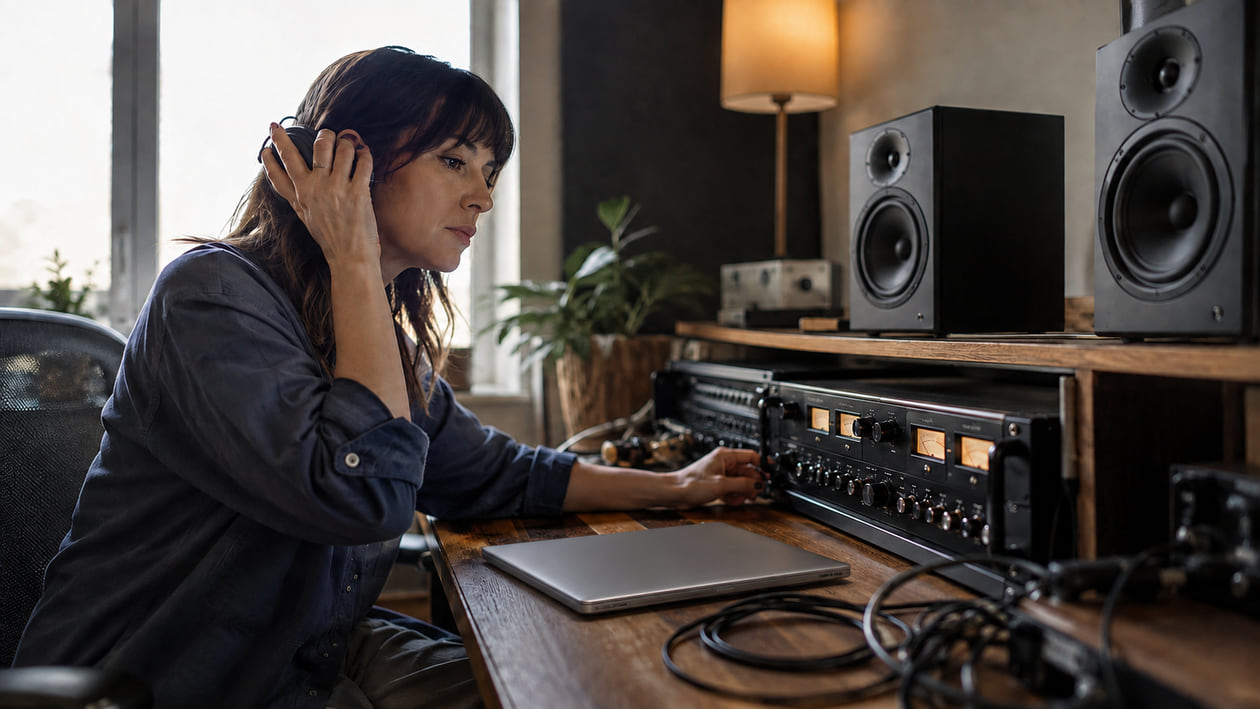 Music creator checking a finished track on headphones at a home studio desk