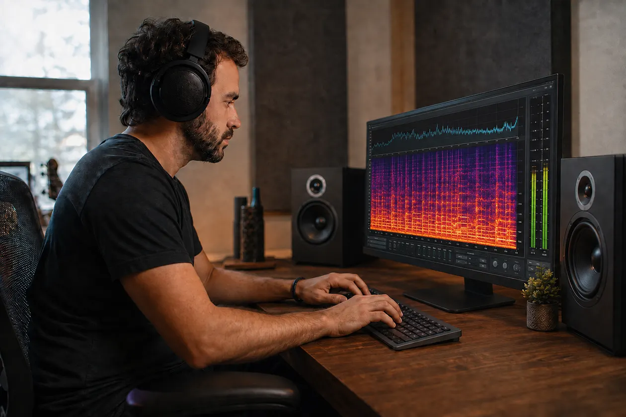 Music creator wearing headphones and working at a keyboard in front of a colorful audio spectrogram