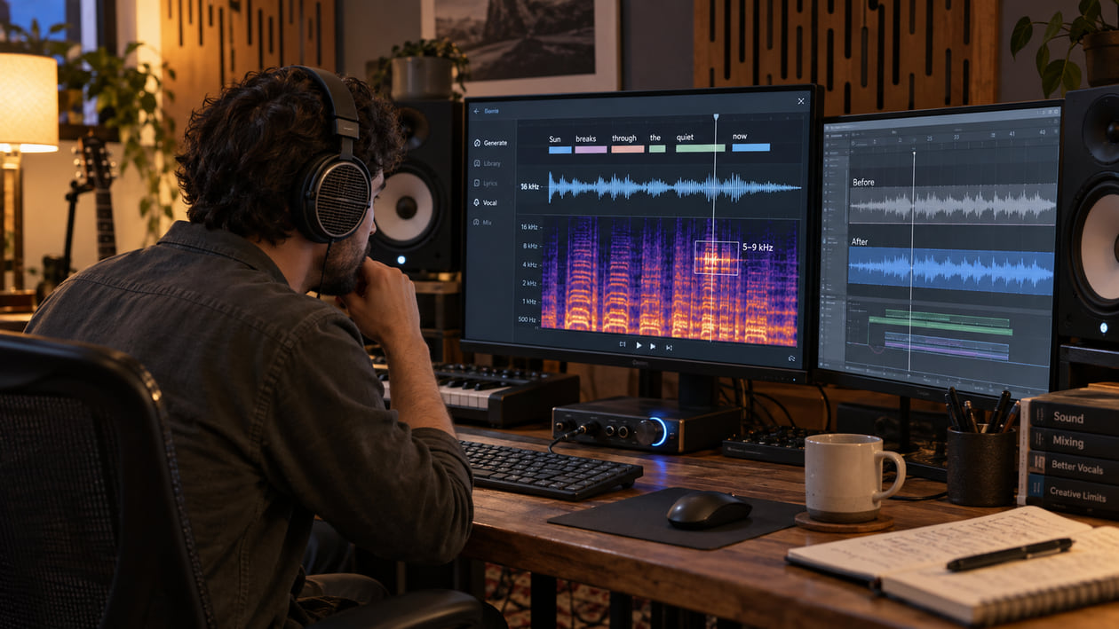 Music producer wearing open-back headphones in a warm wooden studio while inspecting lyric alignment, waveforms, and a vocal spectrogram