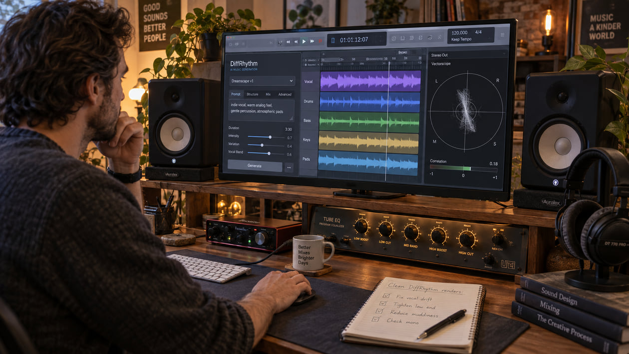 Audio studio workspace with monitor speakers, audio interface, and headphones on stand