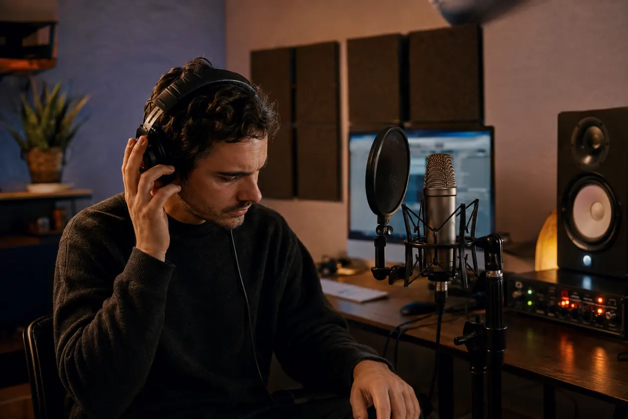 Music creator comparing a vocal recording on headphones beside a studio microphone in a compact home studio