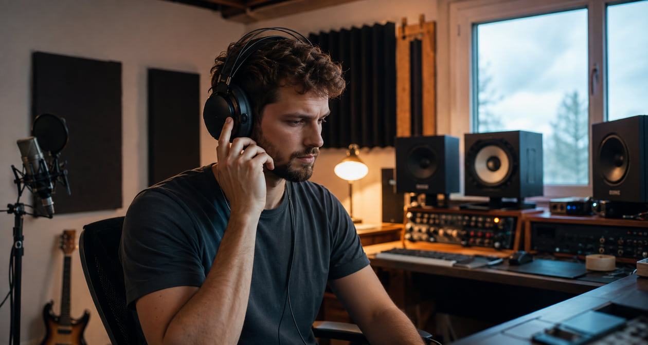 Music creator listening closely on headphones in a compact home studio with a vocal microphone and studio monitors