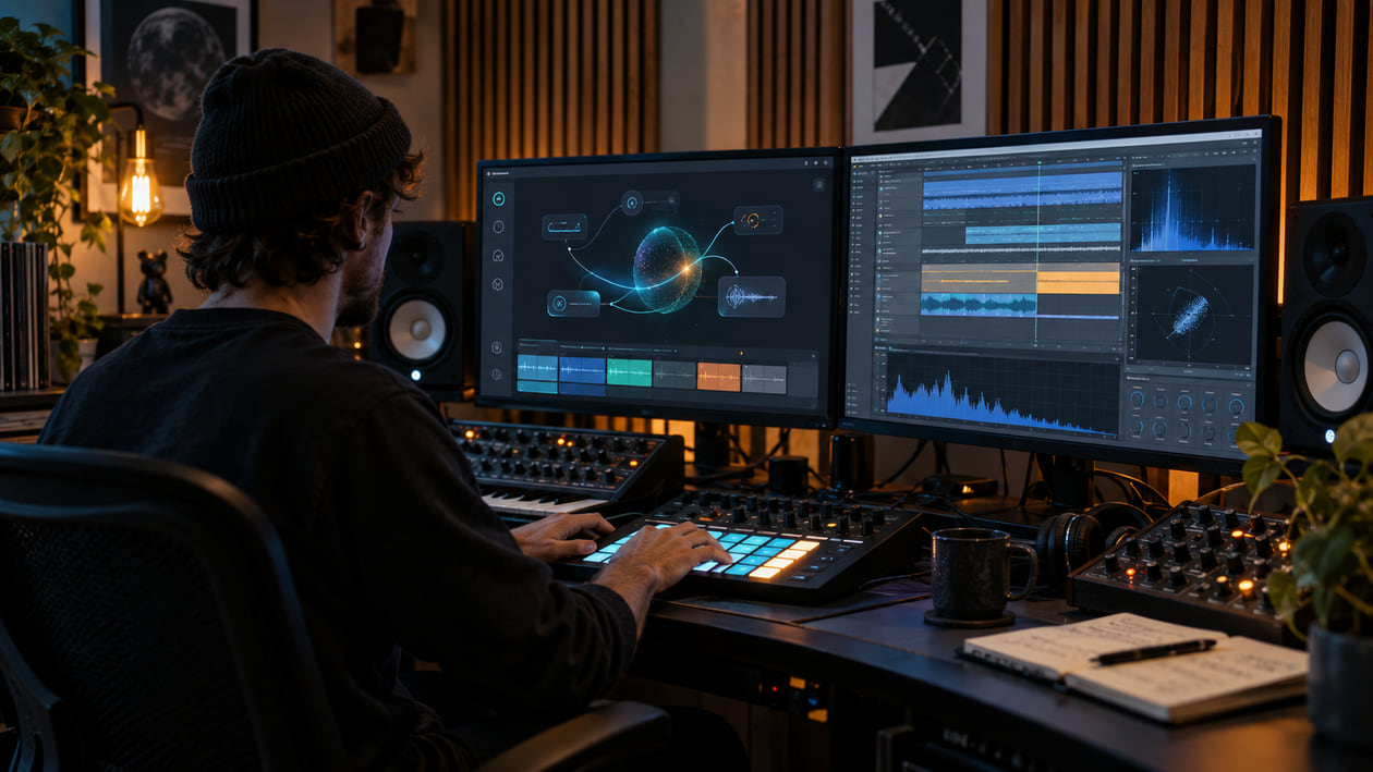 Mastering specialist critically listening to audio playback in a minimalist dark studio