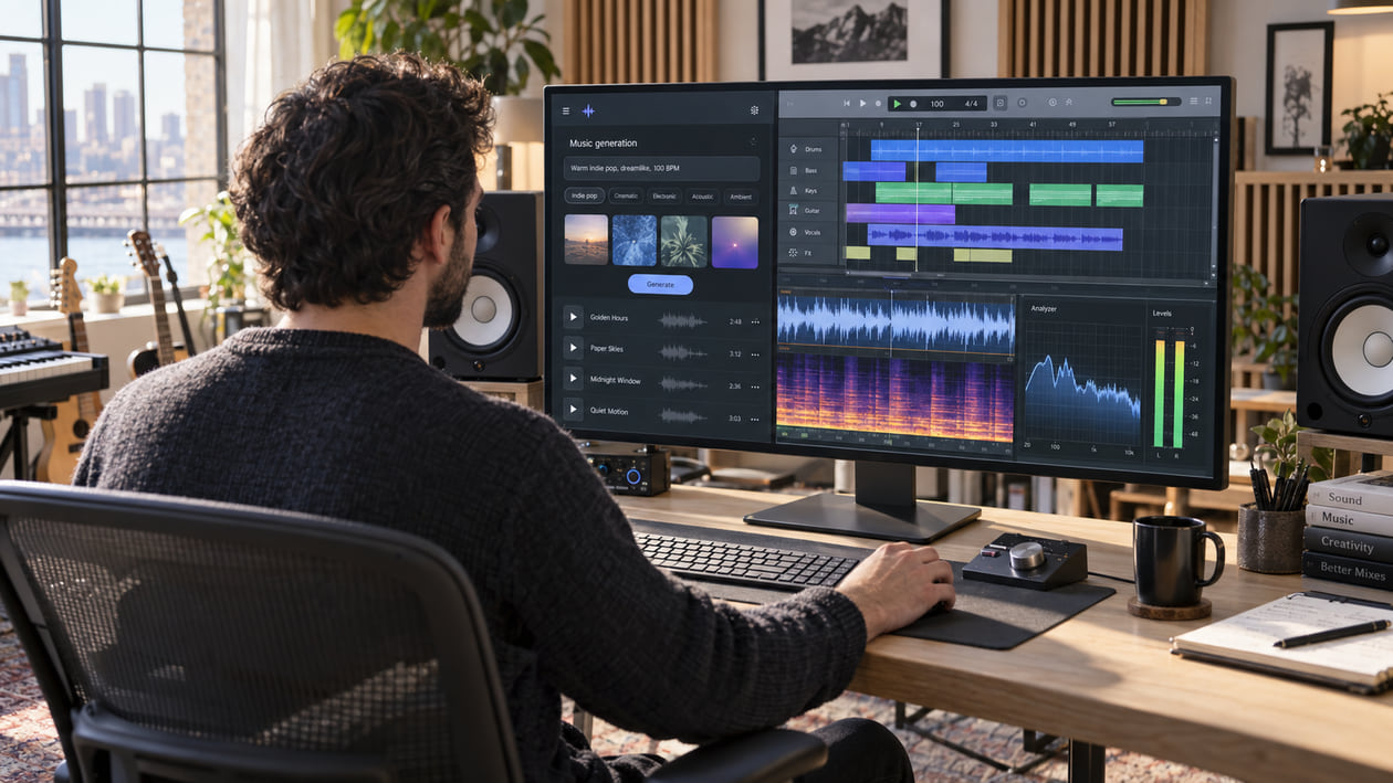 Audio creator reviewing a Lyria-style music generator, DAW timeline, waveform, and spectrogram in a sunny studio
