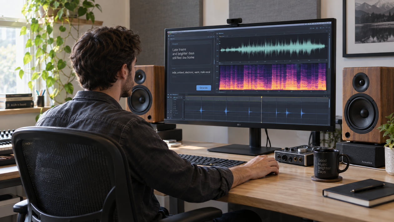Music technologist inspecting a HeartMuLa render, waveform, and spectrogram in a daylight studio