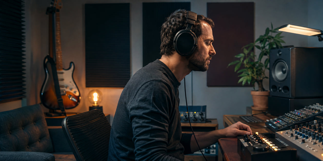 Music creator checking an audio track on headphones at a compact home studio mixing desk