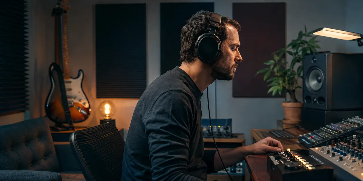 Music creator checking an audio track on headphones at a compact home studio mixing desk