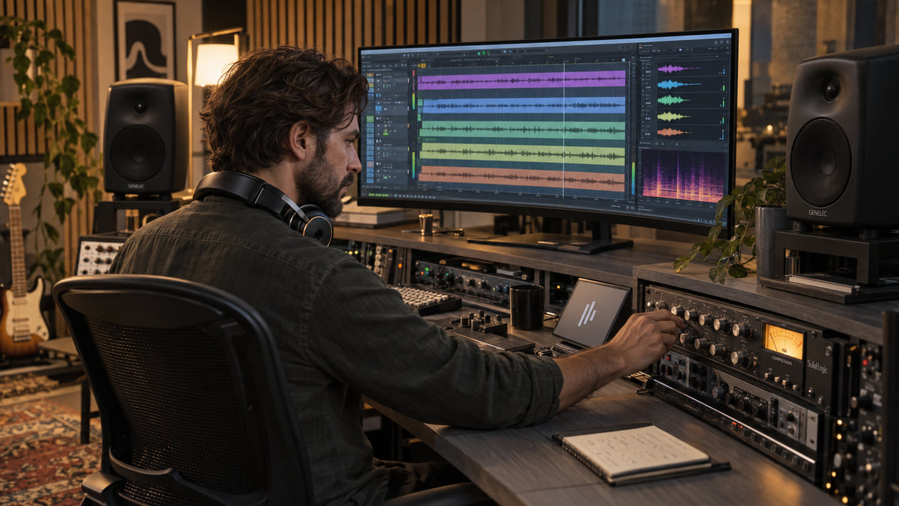 Studio illustration of a producer checking colored audio stems and a spectrogram while adjusting outboard equipment