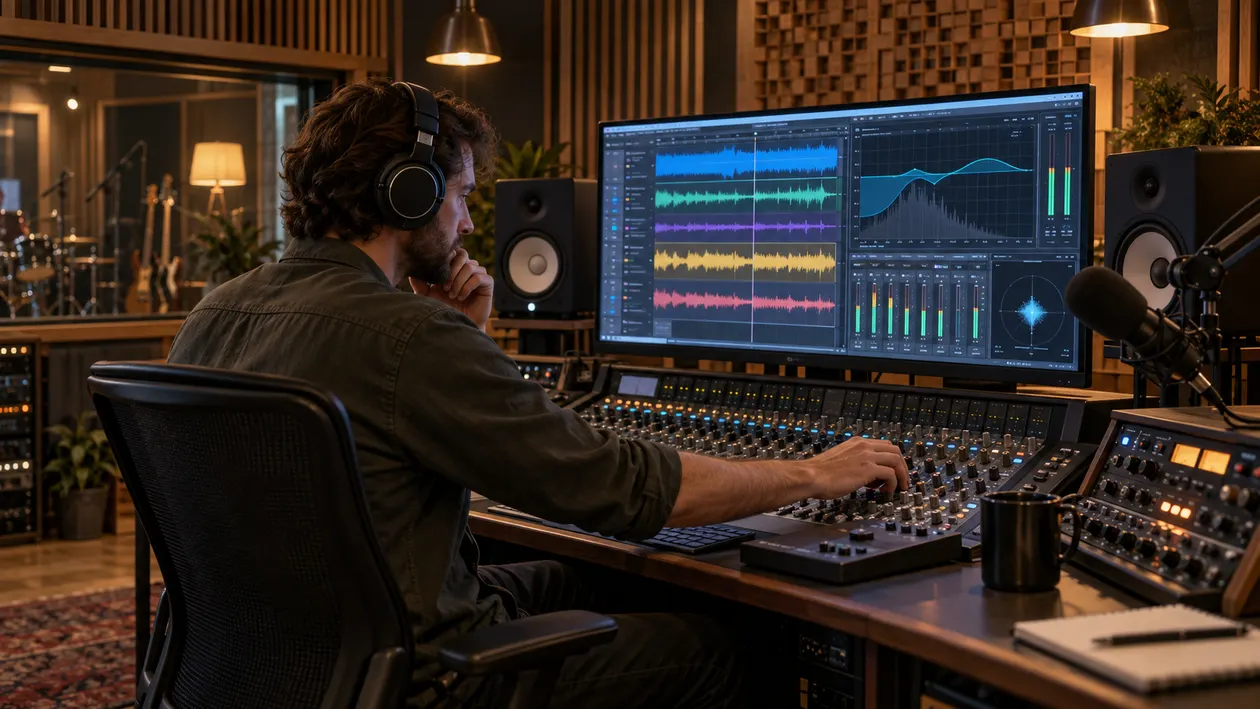 Recording engineer in headphones fine-tuning equalizer fader on an audio mixing surface