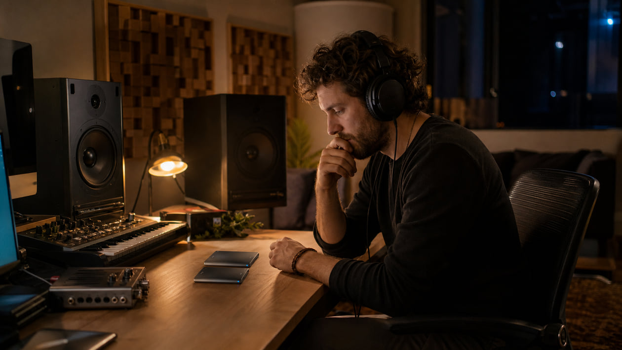 A producer listening closely to a finished track in a warm, compact studio with monitors, headphones, an audio interface, and a keyboard controller.