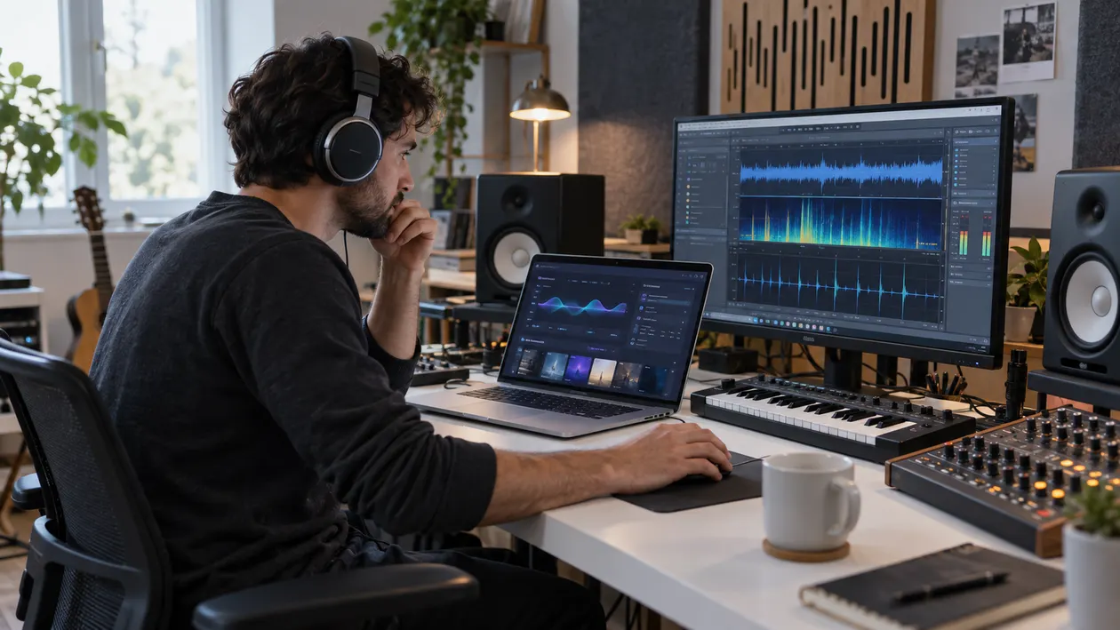 Sound designer in headphones at analog mixing desk in treated studio room