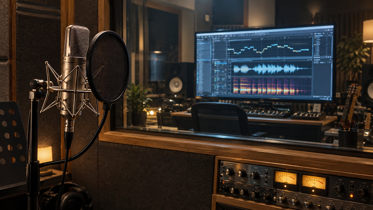 Vocal studio isolation booth with studio condenser microphone in shock mount