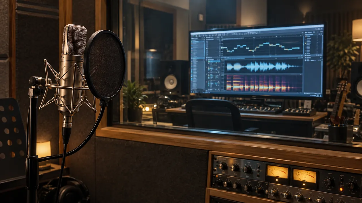 Vocal studio isolation booth with studio condenser microphone in shock mount