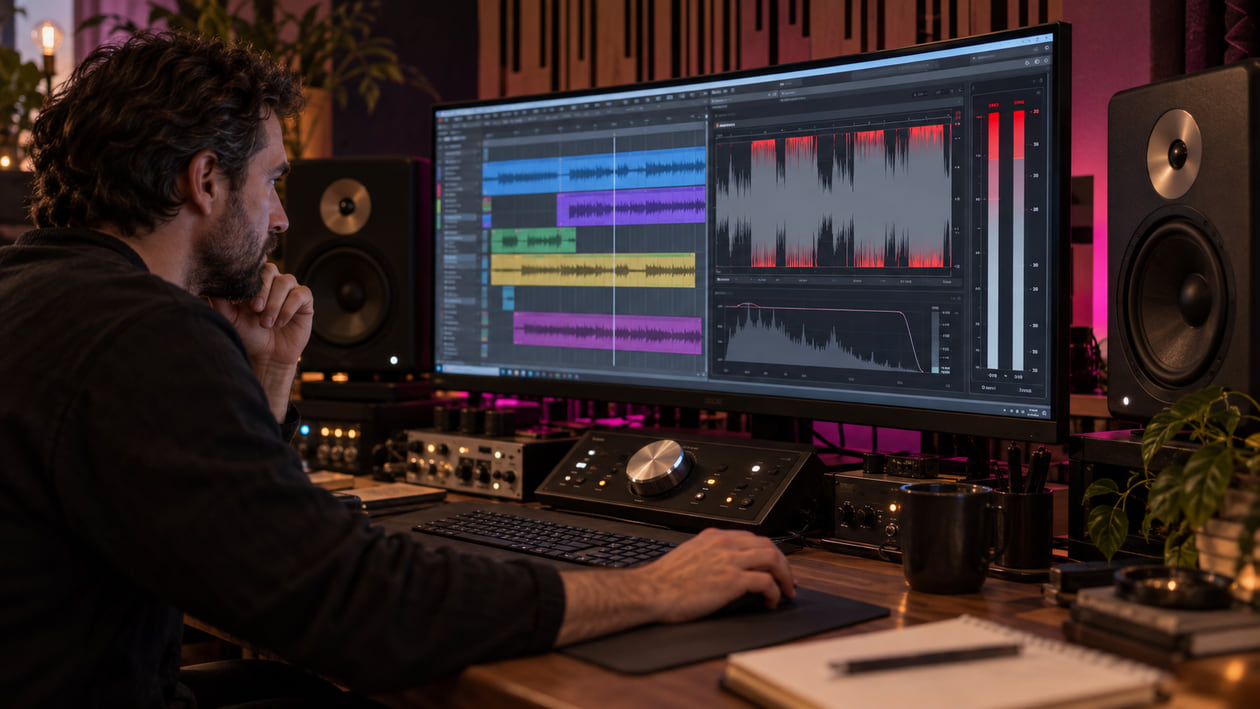 Master sound engineer in dark studio analyzing physical audio hardware with illuminated dials