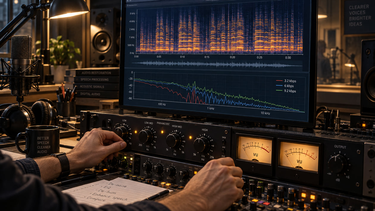 Close-up of analog studio VU meters and tactile mixing desk controls