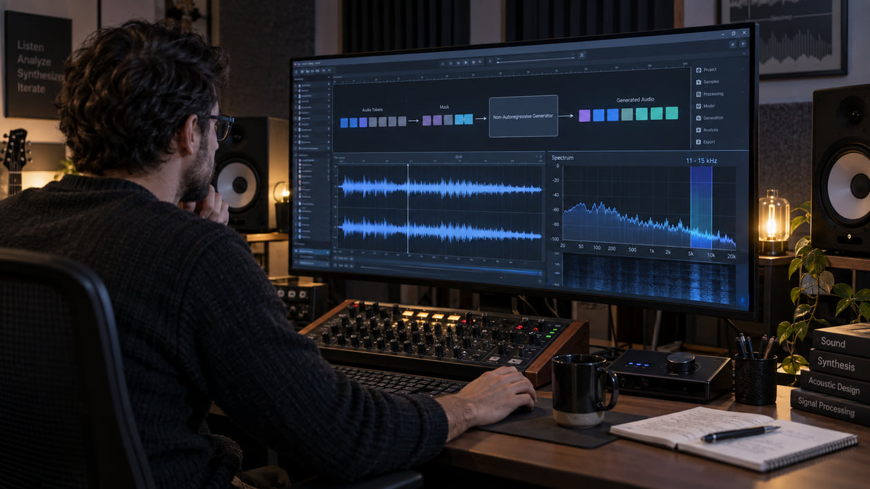 Audio engineer in darkened studio control room evaluating acoustic monitors