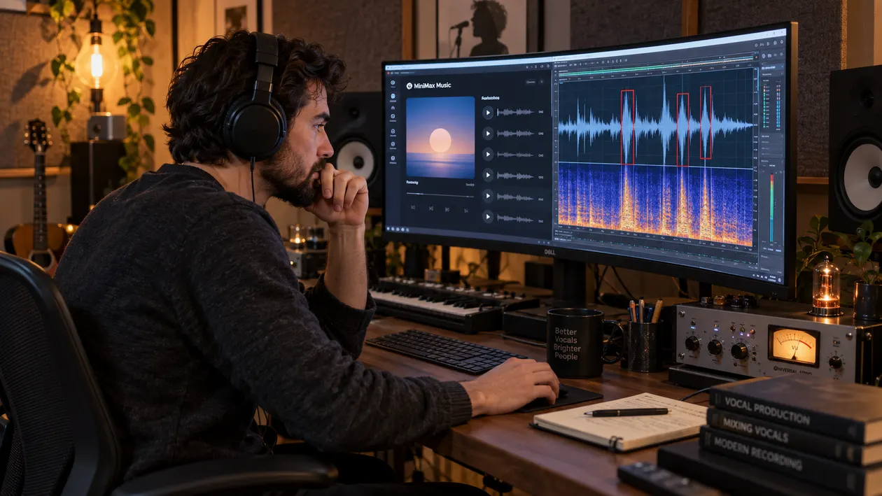 Music producer critically listening to audio playback near studio monitor speakers