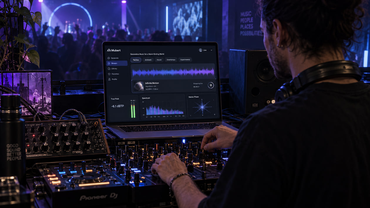 Electronic music producer working with generative streaming interface, DJ mixer, and studio monitor