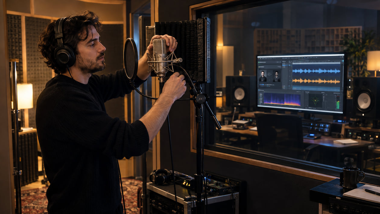 Music producer adjusting studio microphone on boom arm near acoustic screen