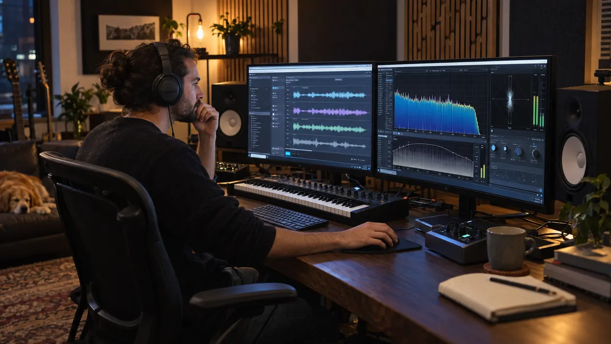 Music producer in home studio reviewing sound quality on studio monitor speakers