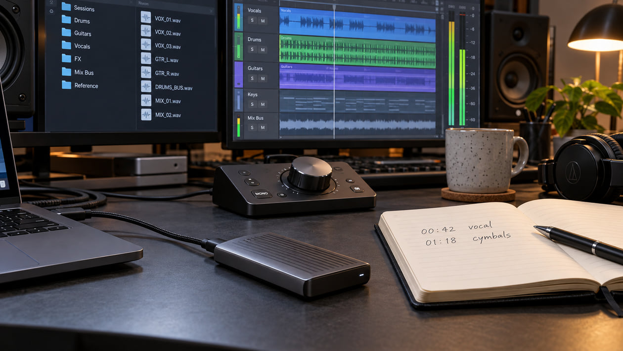 External SSD, handwritten session timecodes, and a monitor controller beside screens showing WAV files and audio tracks