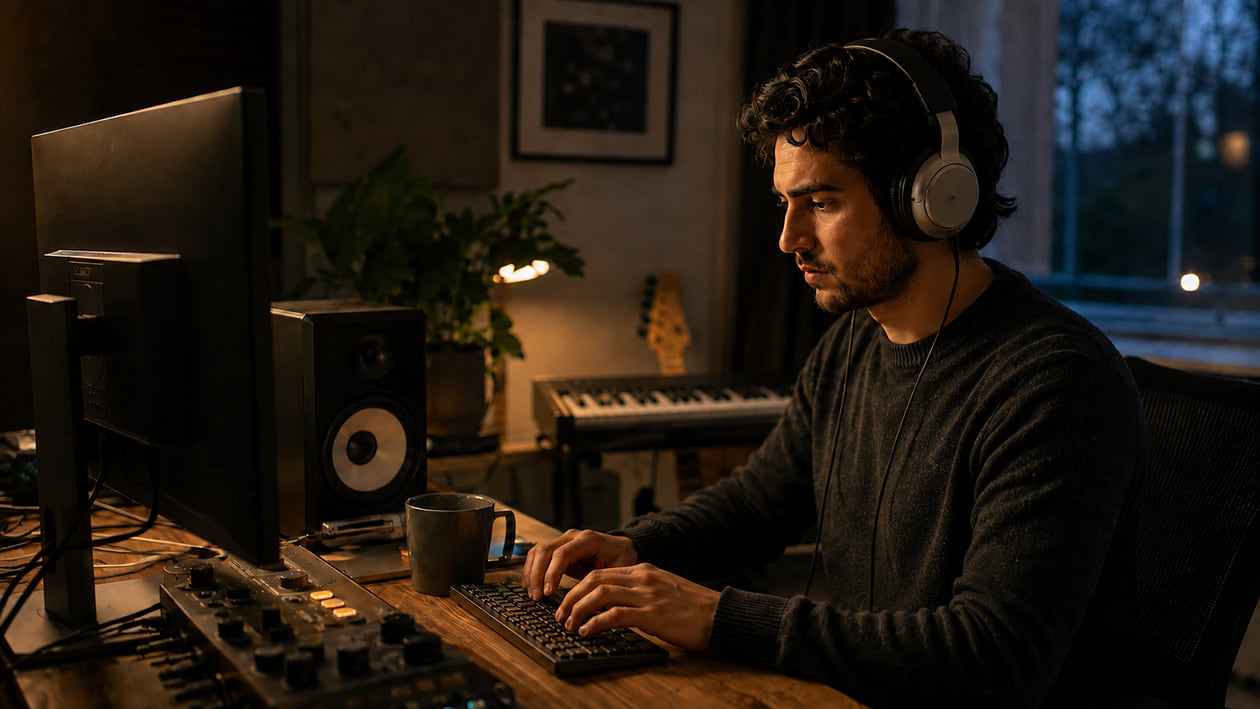 Music creator listening on headphones and taking notes at a home studio desk