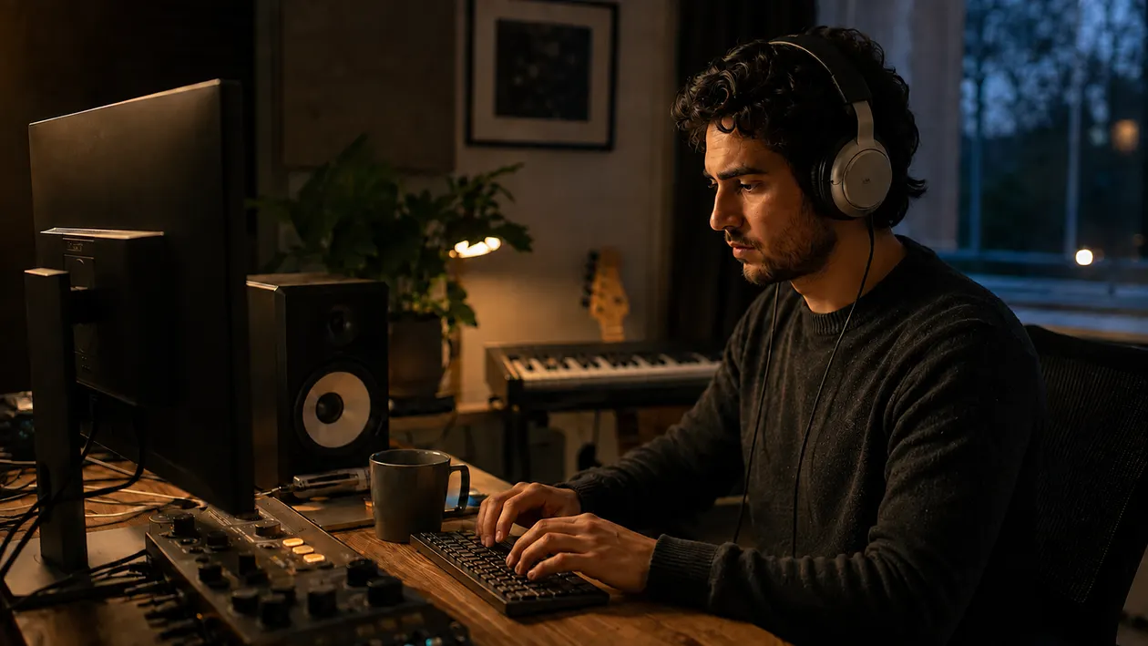 Music creator listening on headphones and taking notes at a home studio desk