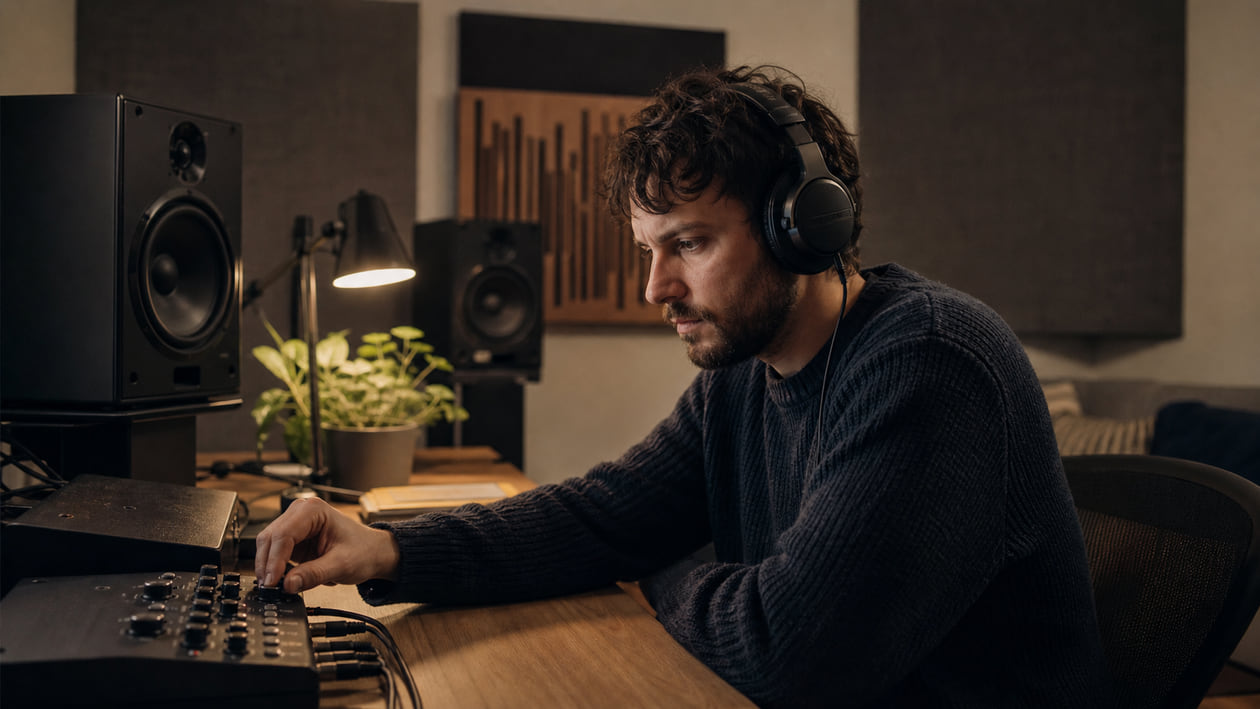 Music creator making a careful audio adjustment while listening on headphones in a compact home studio