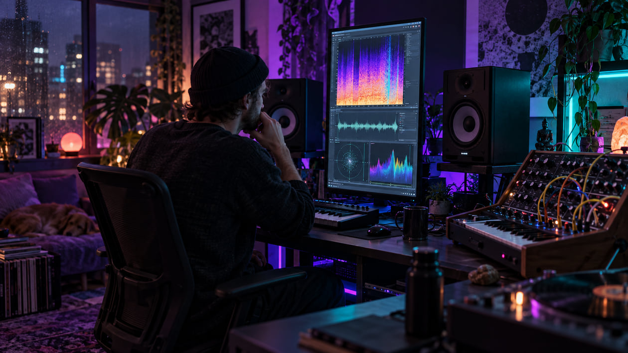 Electronic music producer in atmospheric night studio reviewing sound near monitor speakers