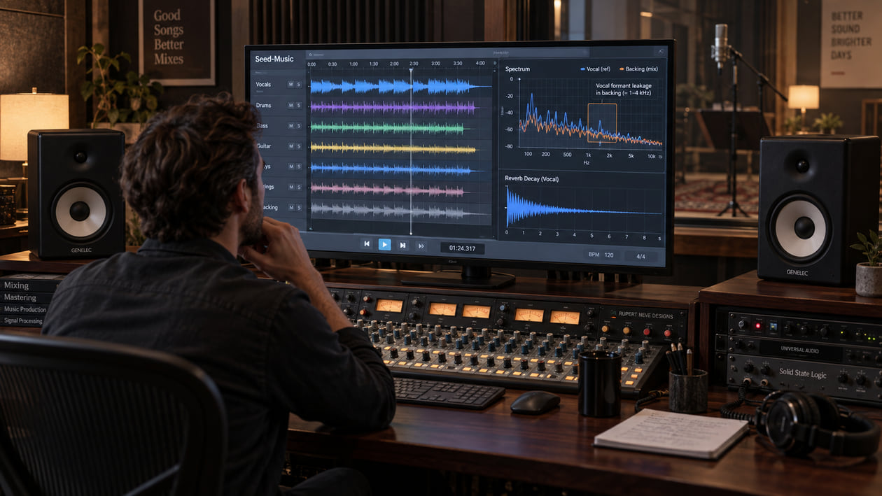 Recording engineer in studio control room listening critically to monitor speakers
