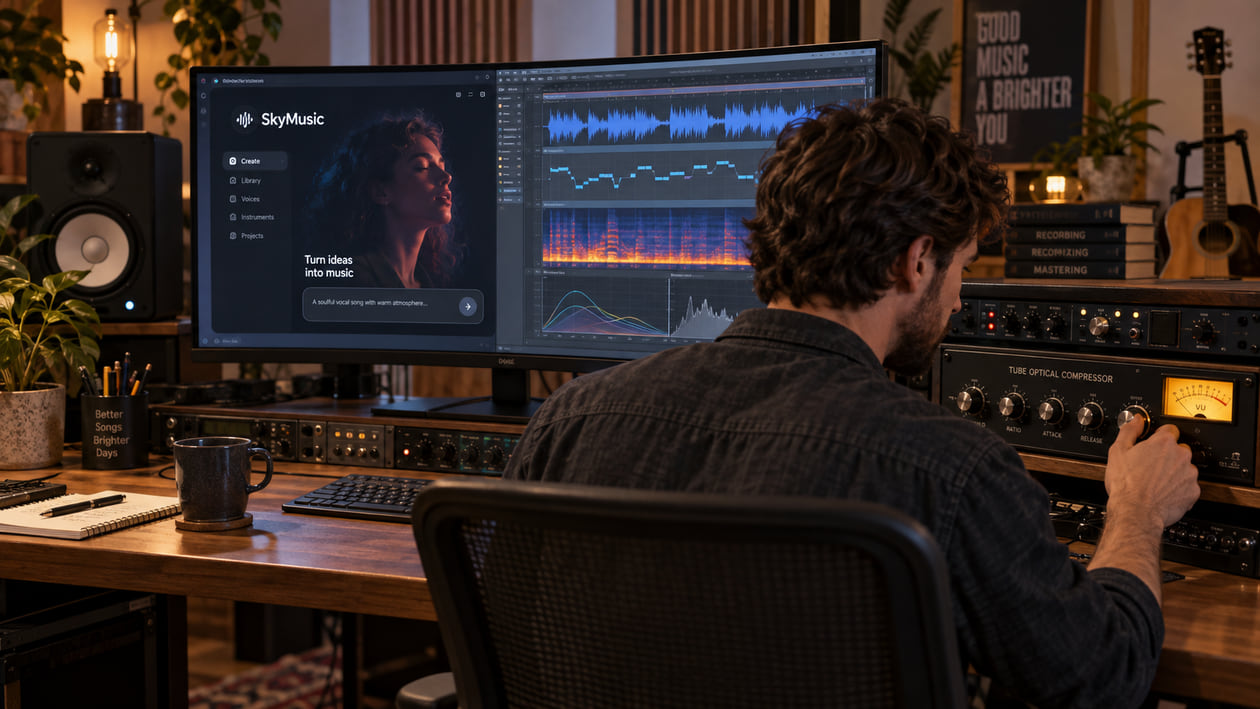 Audio creator in a warm studio adjusting a compressor while checking SkyMusic vocal pitch and resonance