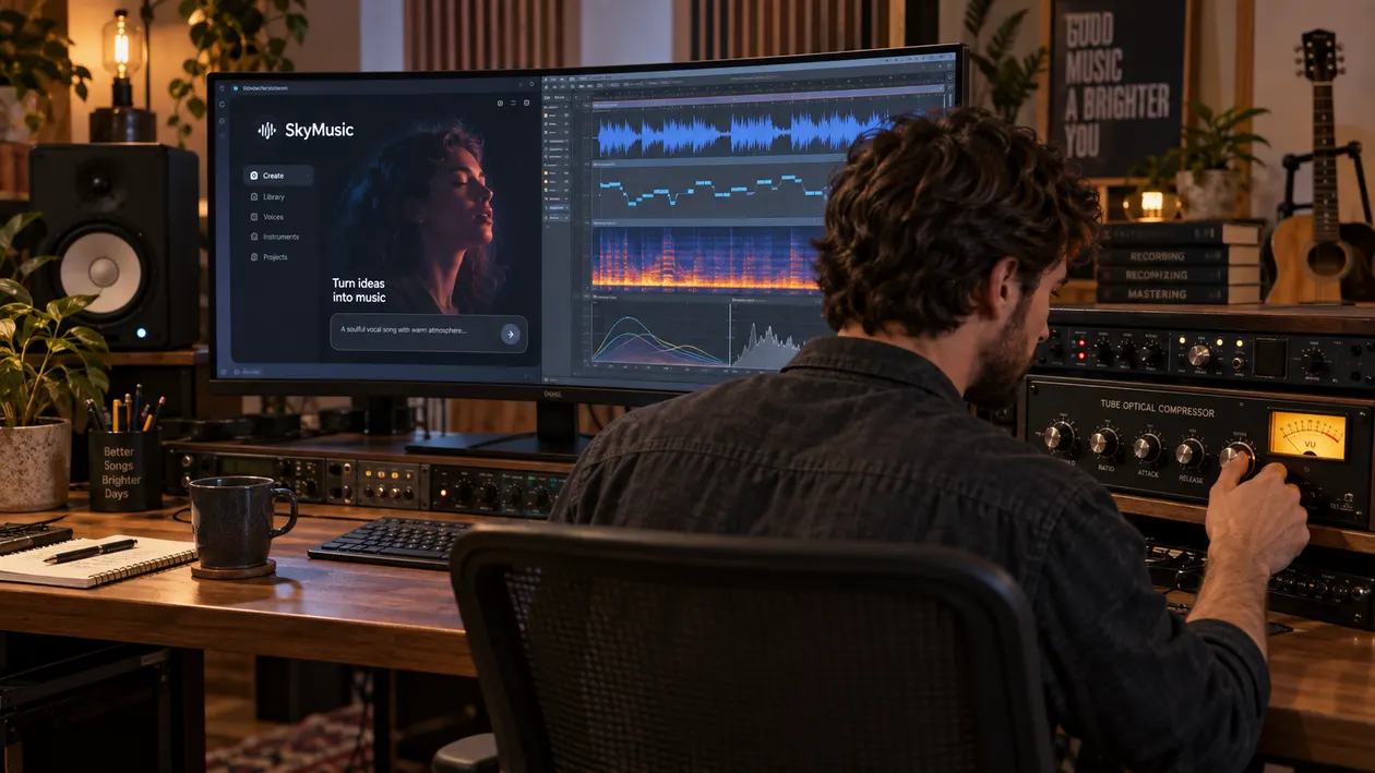 Audio creator in a warm studio adjusting a compressor while checking SkyMusic vocal pitch and resonance