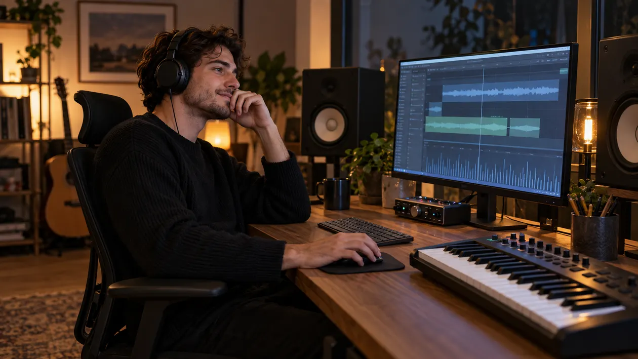 Producer adjusting faders on analog desk in intimate studio with warm lighting