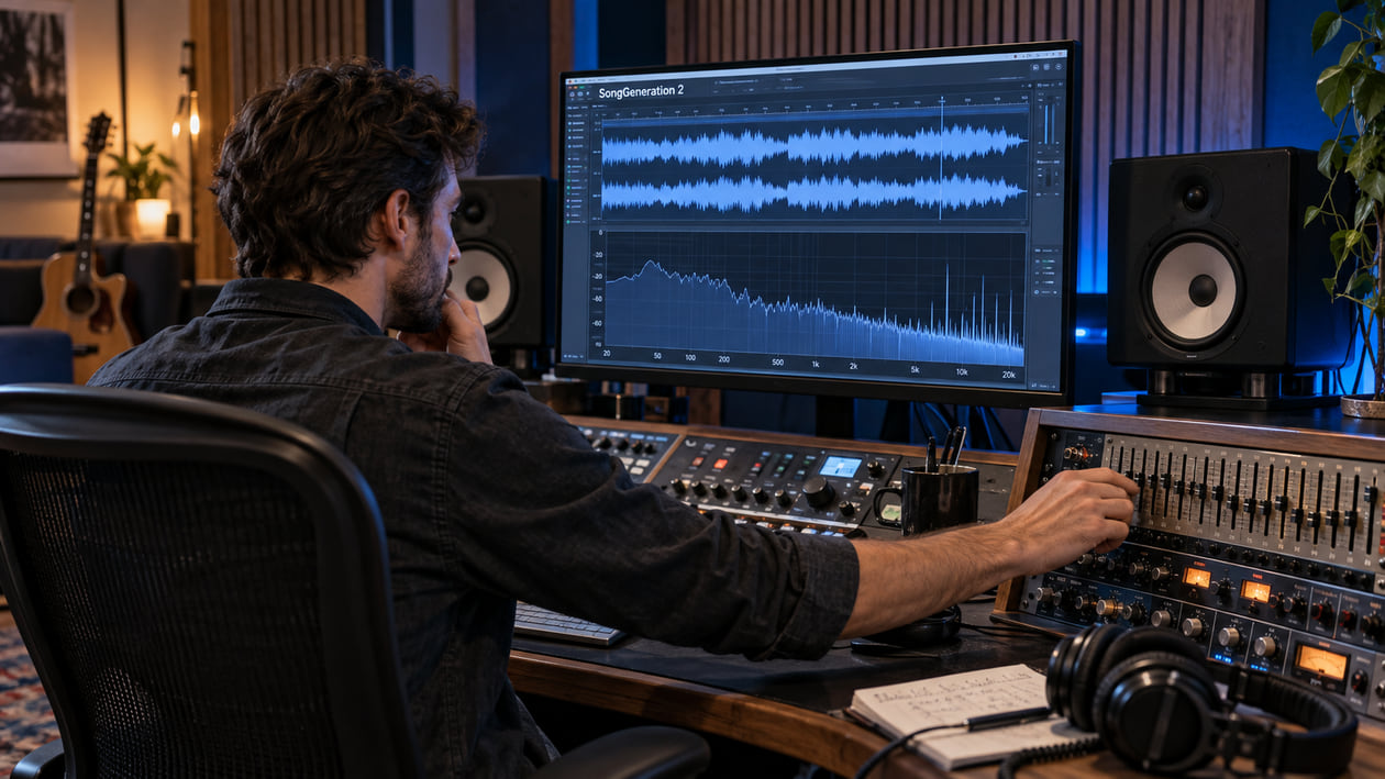 Sound engineer in studio adjusting equalizer fader on analog mixing desk