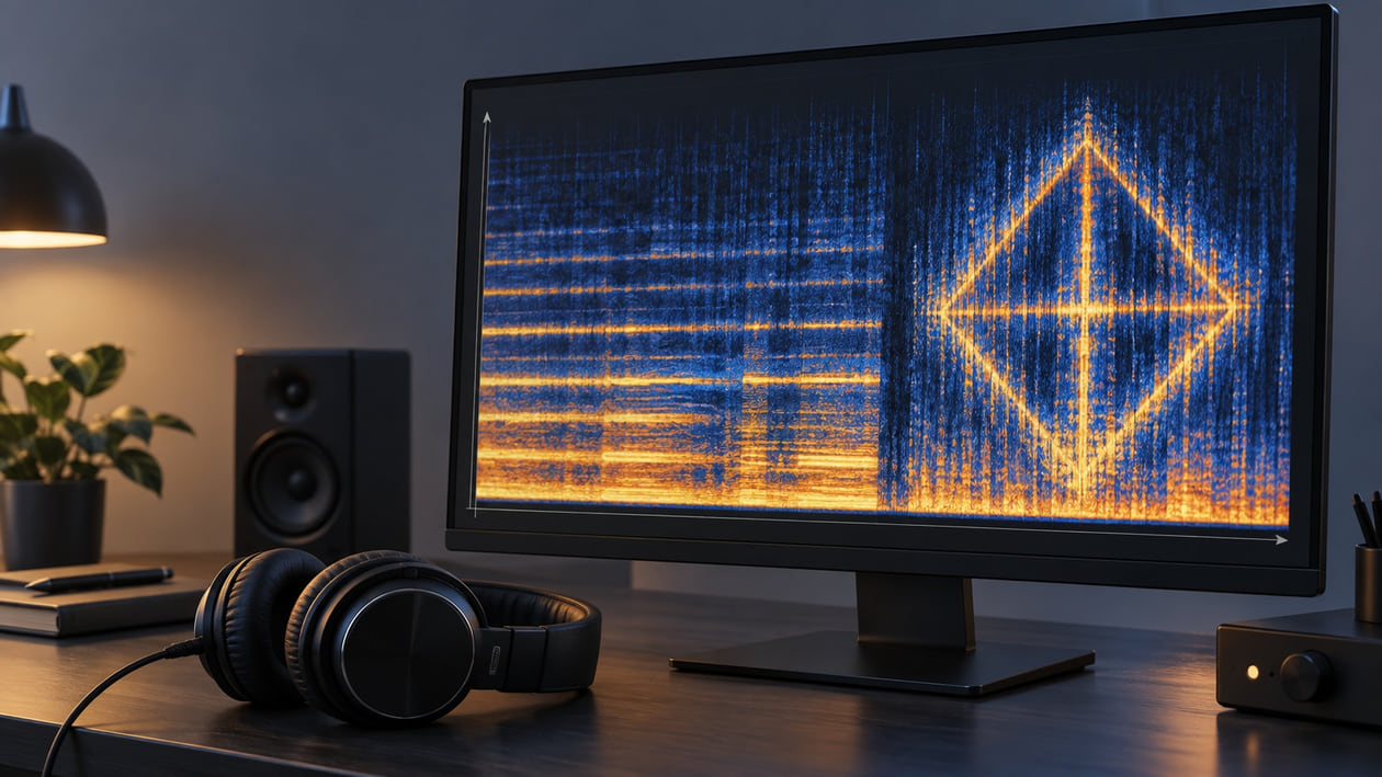Illustrated studio monitor showing a diamond-shaped pattern among blue and amber spectrogram bands
