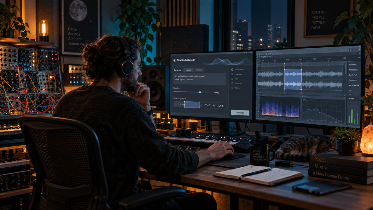 Electronic music producer in a night studio reviewing a six-minute waveform and inpainting regions beside a modular synthesizer