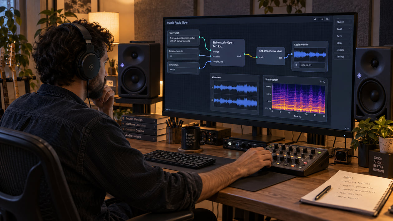 Sound designer in studio headphones adjusting parameters on hardware console